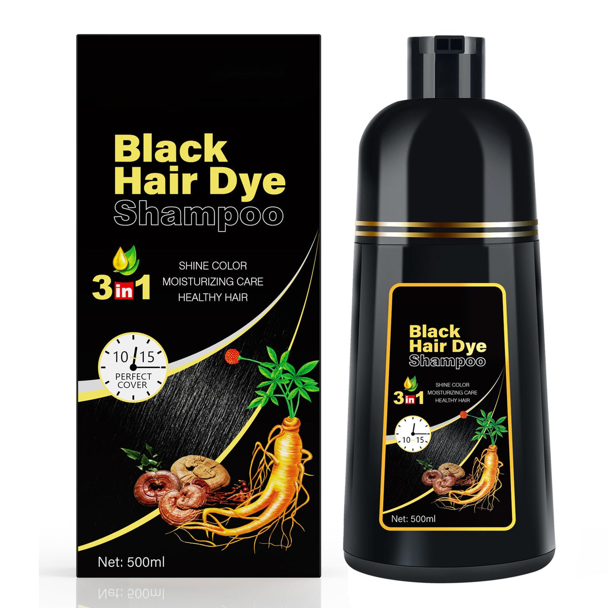 MOISTAR front packaging showing black shampoo benefits and quick coverage