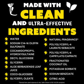 Molly's Suds bottle label and ingredient list highlighting aloe, coconut oil, clean formula