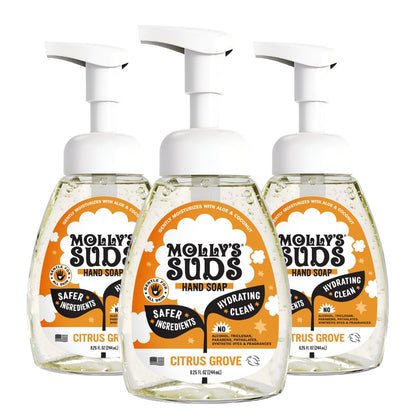 Molly's Suds Citrus Grove front packaging showing three bottles and bright label benefit gentle cleansing