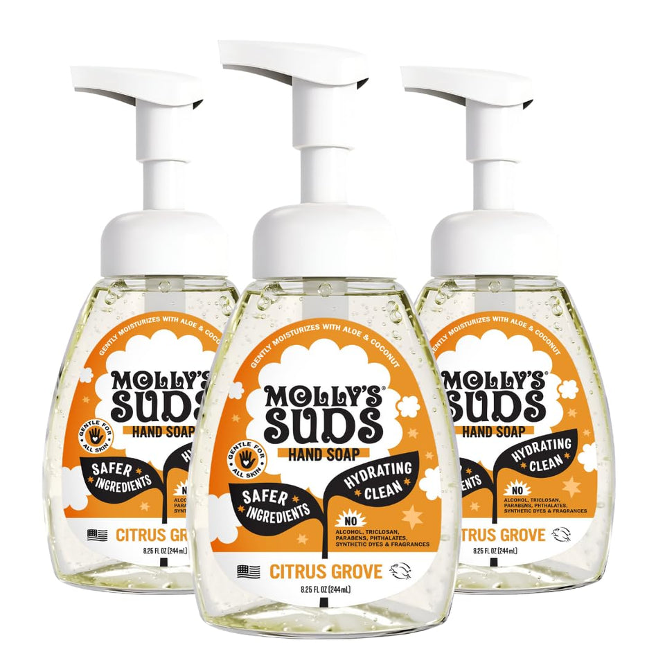 Molly's Suds Citrus Grove front packaging showing three bottles and bright label benefit gentle cleansing