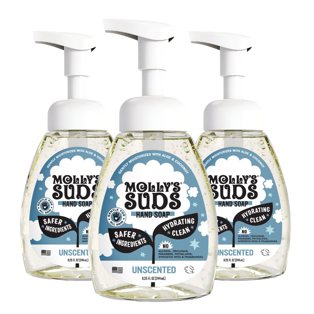 Molly's Suds front packaging showing three unscented bottles and product benefits