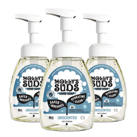 Molly's Suds front packaging showing three unscented bottles and product benefits