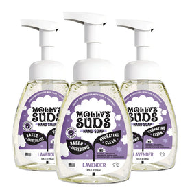Molly's Suds front packaging showing lavender bottles and clear labeling benefit gentle cleansing