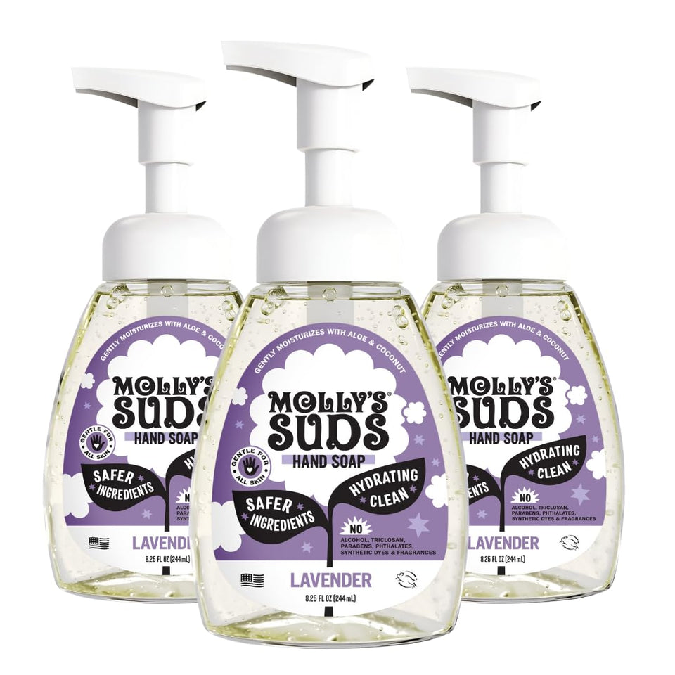 Molly's Suds front packaging showing lavender bottles and clear labeling benefit gentle cleansing