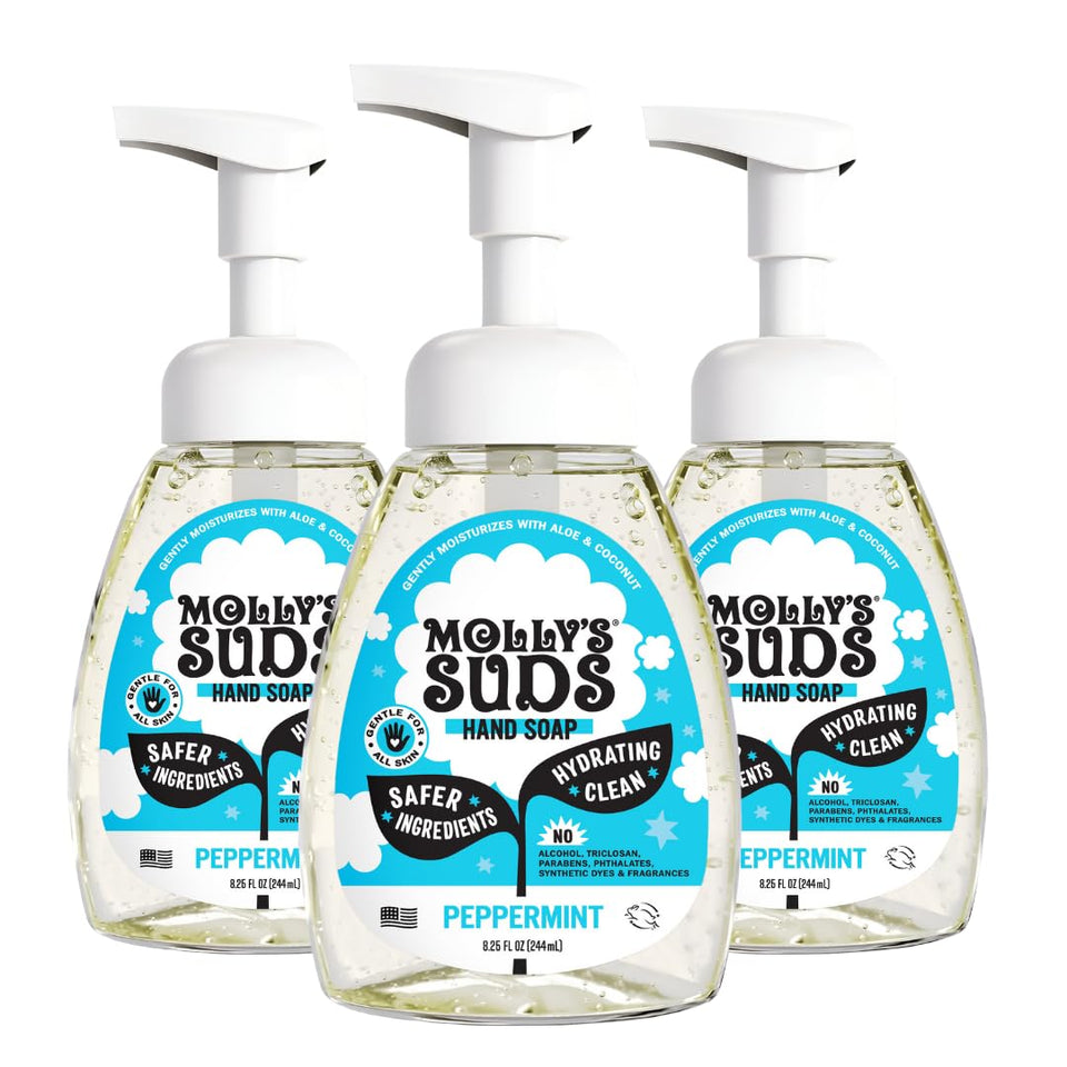 Molly's Suds front packaging showing peppermint scent and clean ingredients benefits
