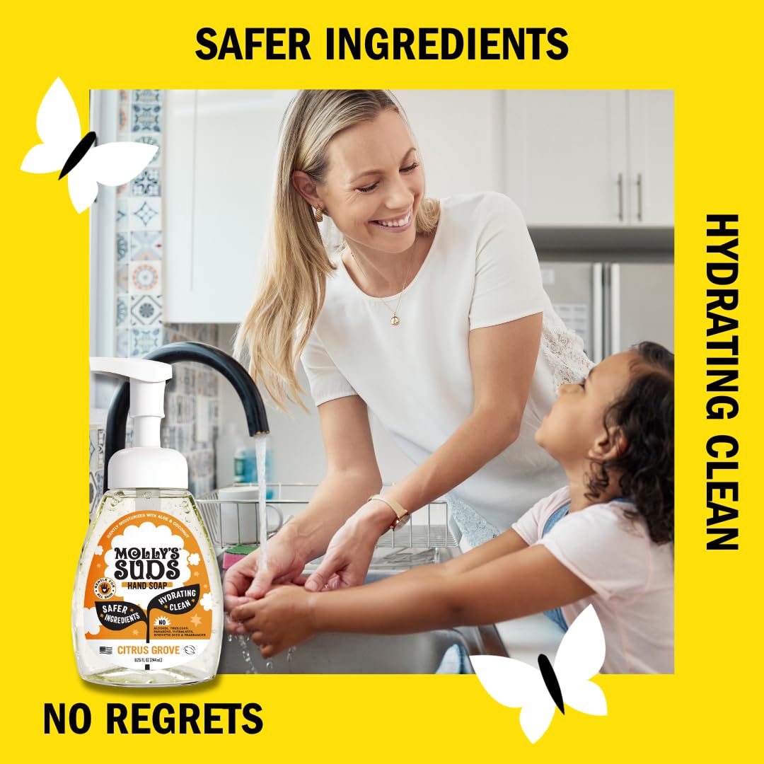 Molly's Suds foam texture on hand illustrating silky lather and moisturizing feel