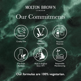 Molton Brown bottle held in hand showing 10 fl oz size for travel-friendly benefit