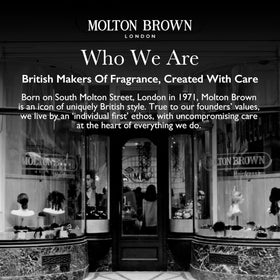 Molton Brown bottle lineup with clear labels to identify each fragrance — easy scent sampling