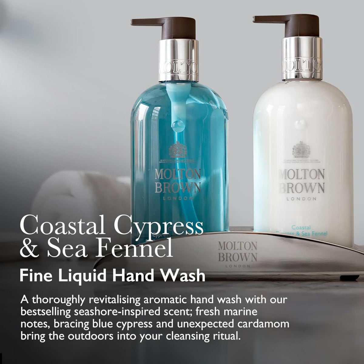 Molton Brown pump dispensing hand wash demonstrating easy, controlled application benefit