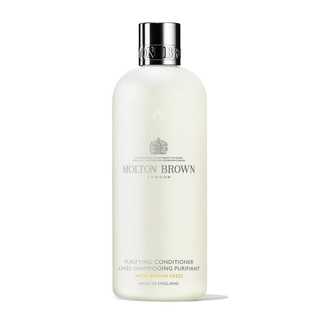 Molton Brown conditioner front packaging showing 10 fl. oz and elegant label for premium presentation