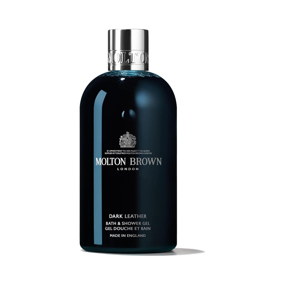 Molton Brown bottle front view showing dark leather fragrance benefit