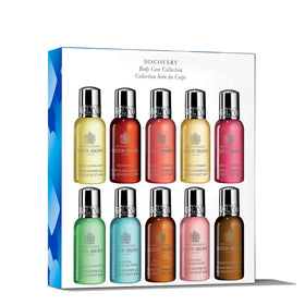 Molton Brown discovery set front packaging showing ten travel-size bottles and recyclable box — convenient gifting