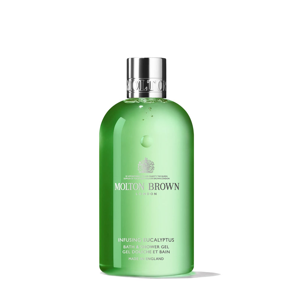 Molton Brown bottle front packaging showing eucalyptus scent and clear benefits
