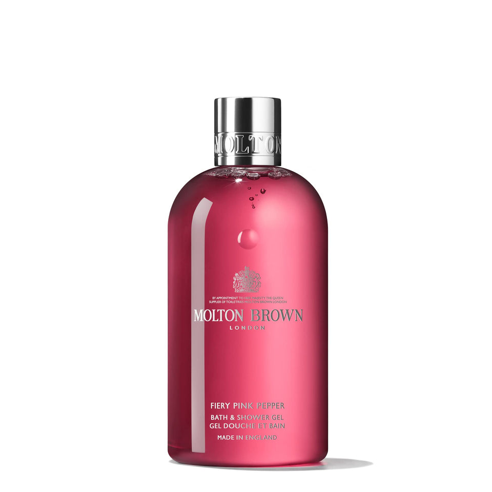 Molton Brown front bottle showing Fiery Pink Pepper label and premium presentation