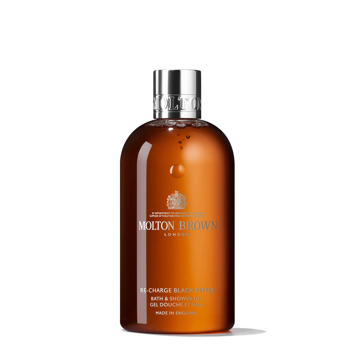 Molton Brown front packaging showing bottle and energising black pepper fragrance