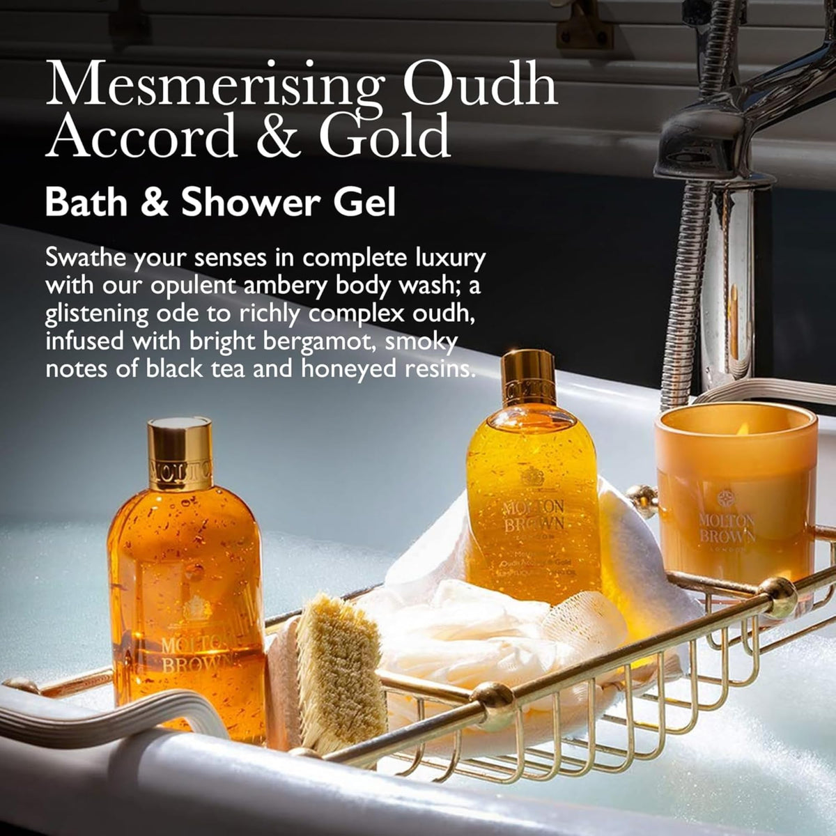 Molton Brown gold flakes close-up showcasing shimmer and visual luxury