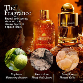 Molton Brown close-up of 23.5-carat gold flakes suspended in the amber liquid offering visual glamour