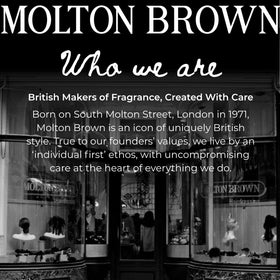Molton Brown lifestyle bathroom display with bottles staged for gifting and everyday luxury