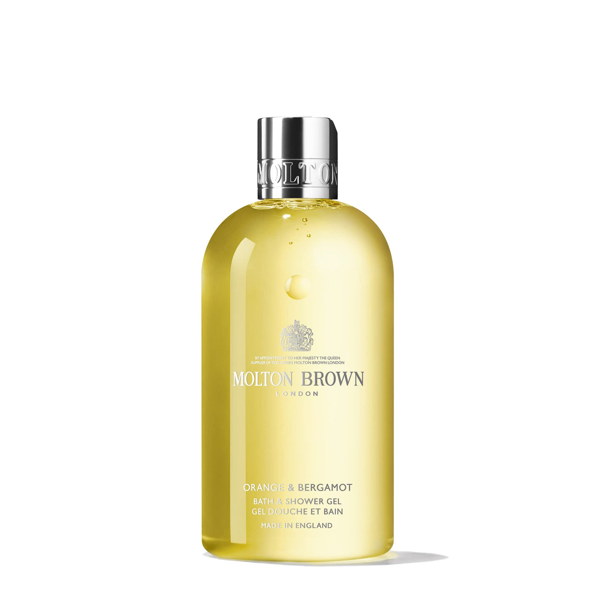 Molton Brown front bottle showing citrus design and easy grip for attractive display