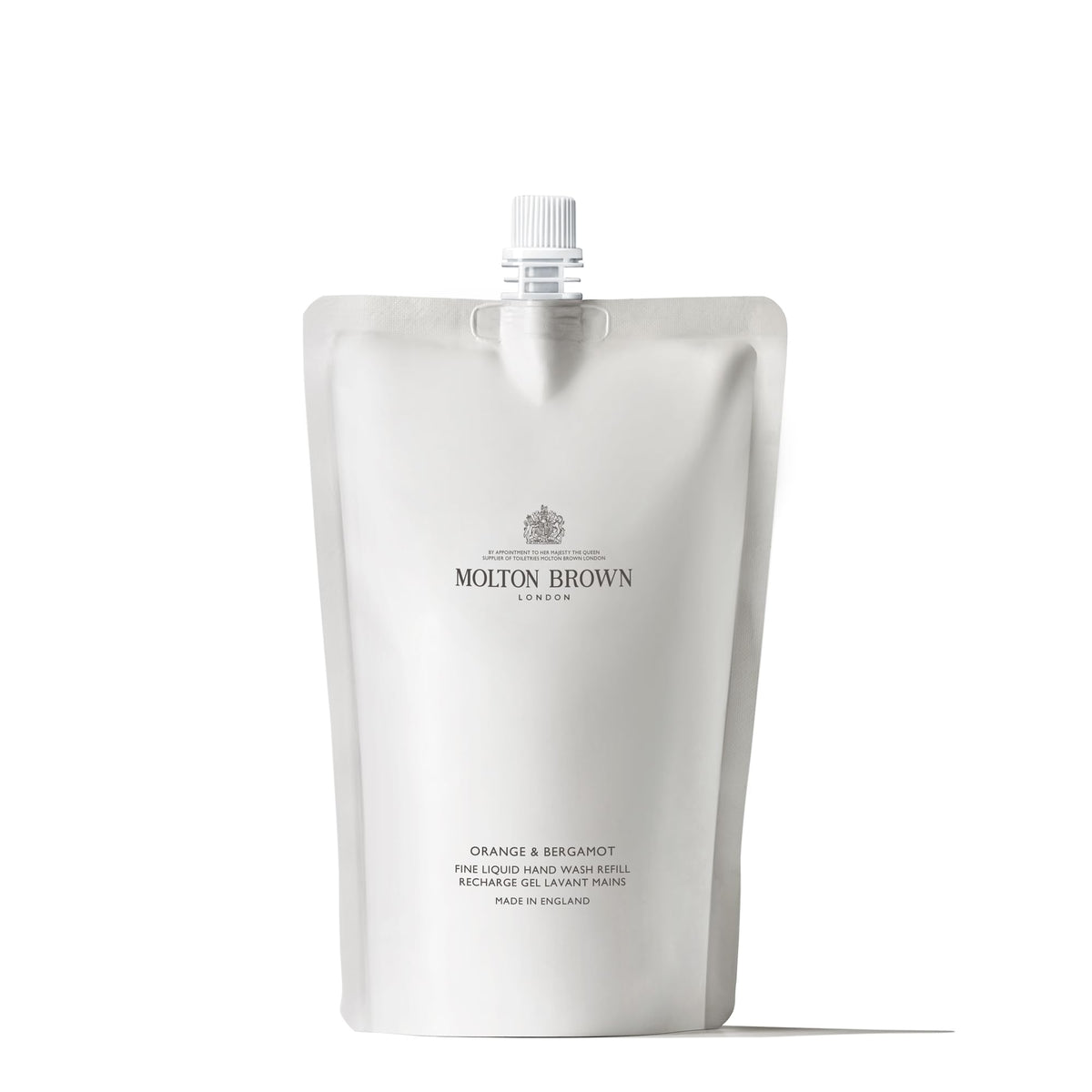 Molton Brown front packaging of Orange & Bergamot refill showing citrus branding and reduced plastic benefit