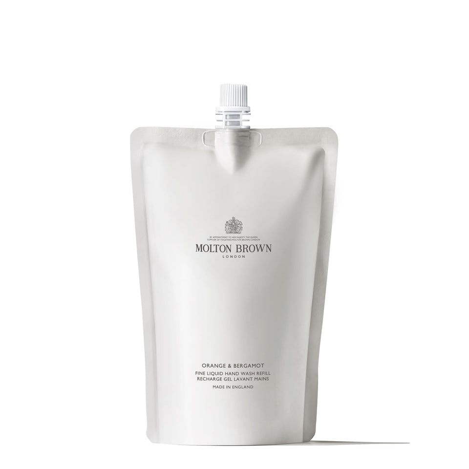 Molton Brown front packaging of Orange & Bergamot refill showing citrus branding and reduced plastic benefit