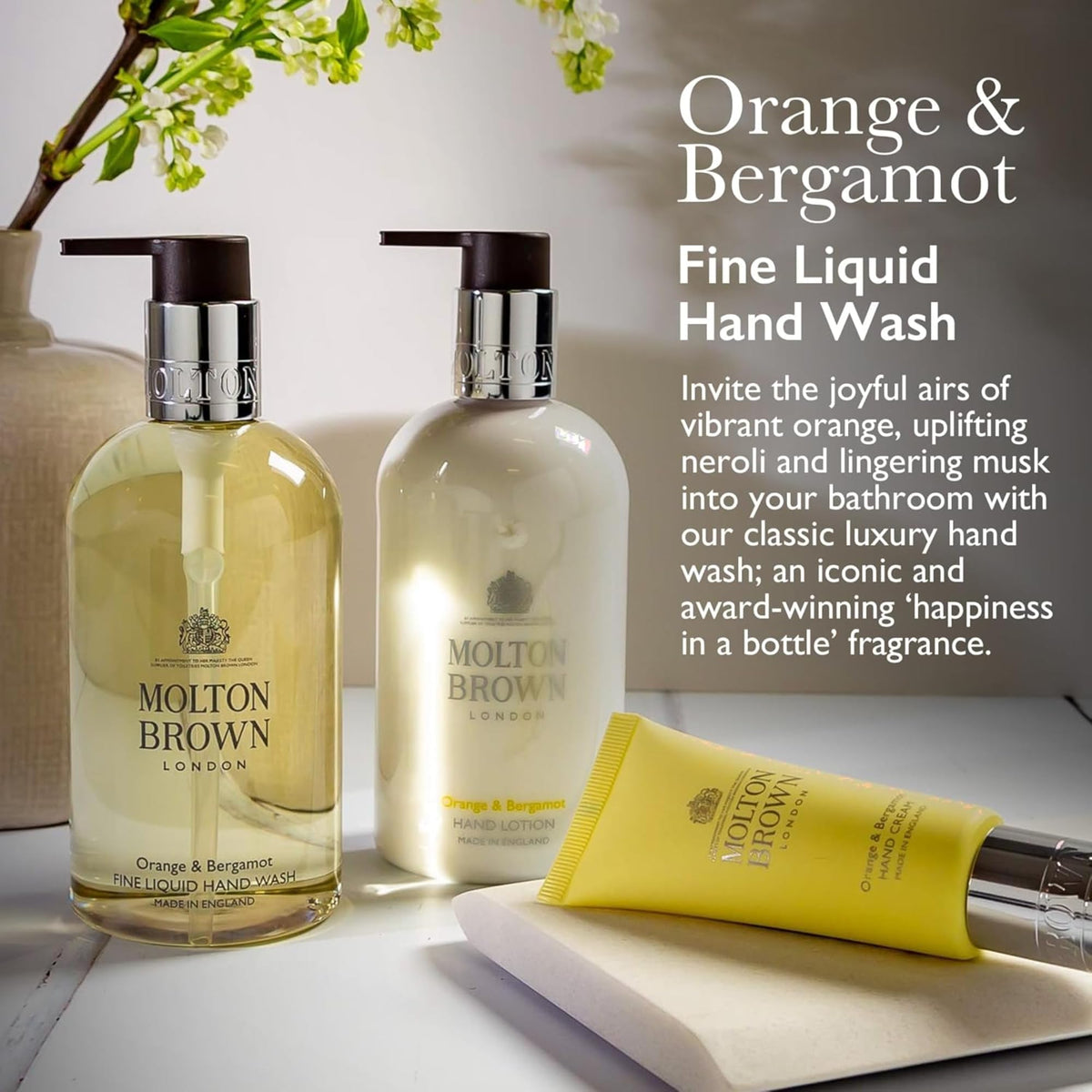 Molton Brown close-up of pump and label highlighting brand clarity and easy dispensing benefit