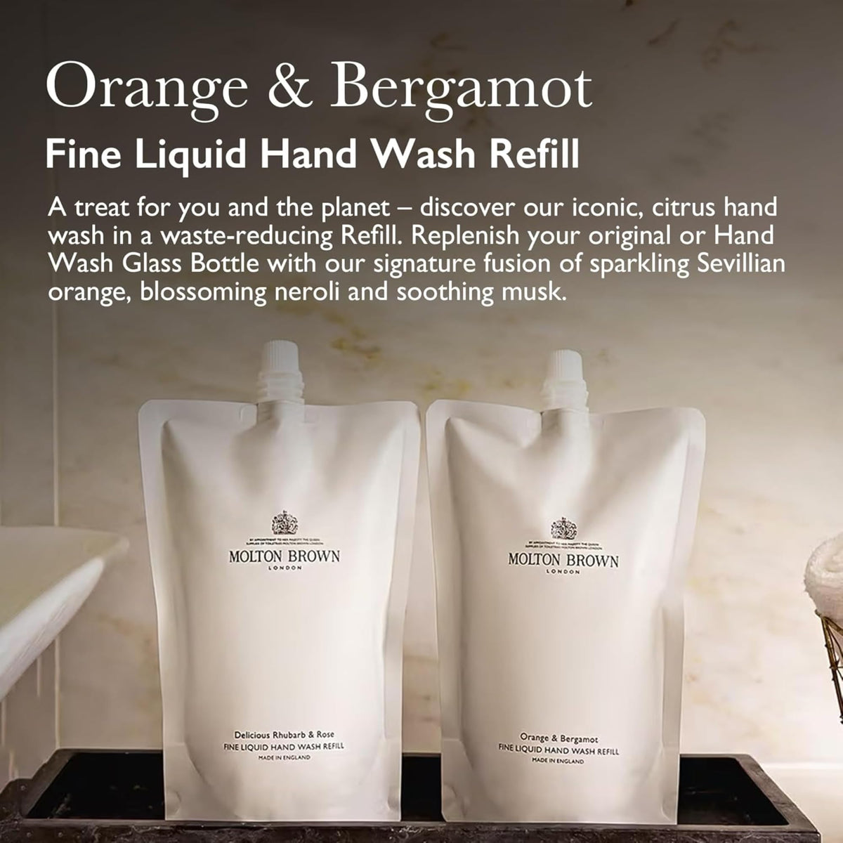 Close-up of Molton Brown refill pouch texture and spout highlighting easy-pour convenience