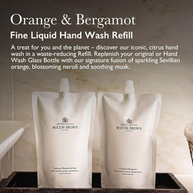 Close-up of Molton Brown refill pouch texture and spout highlighting easy-pour convenience