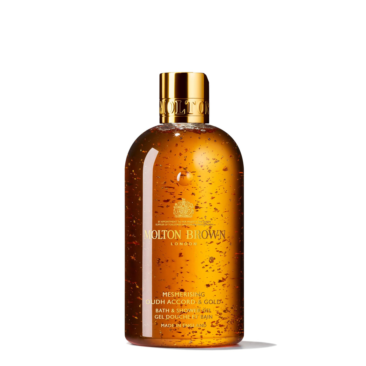 Molton Brown bottle front packaging showing luxury scent and volume benefit