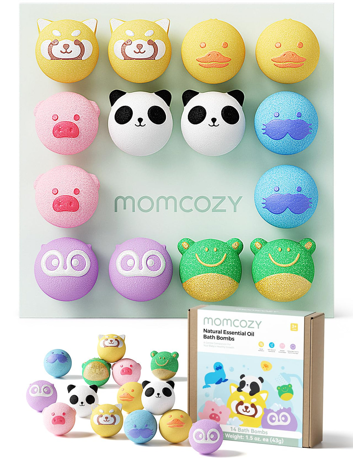 Momcozy box front displaying 14 animal bath bombs, gifting made joyful