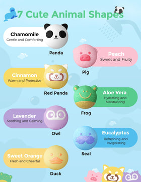 Momcozy collection showing seven cute animal-shaped bath bombs, playful variety