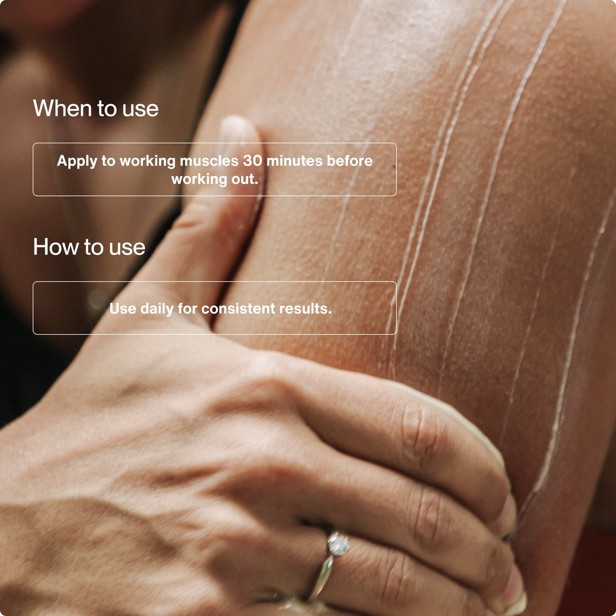 Momentous PR Lotion being applied to thigh demonstrating targeted muscle buffering