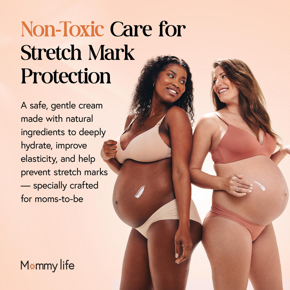 MOMMY LIFE being applied to a pregnant belly to show smooth spread and skin comfort benefit