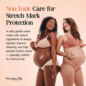 MOMMY LIFE being applied to a pregnant belly to show smooth spread and skin comfort benefit