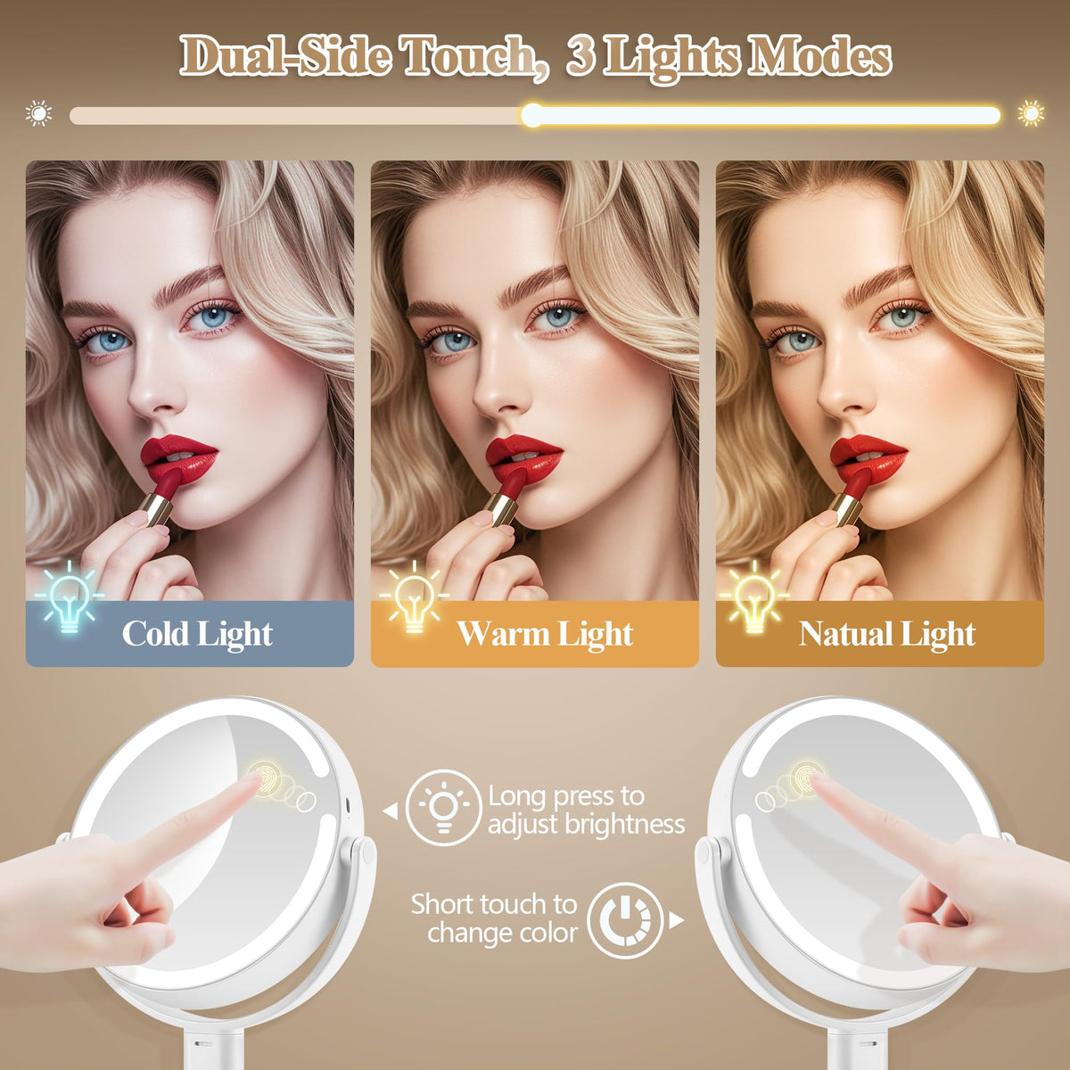 MOMOKUBA LED ring and controls showing three-color light and dimming benefit