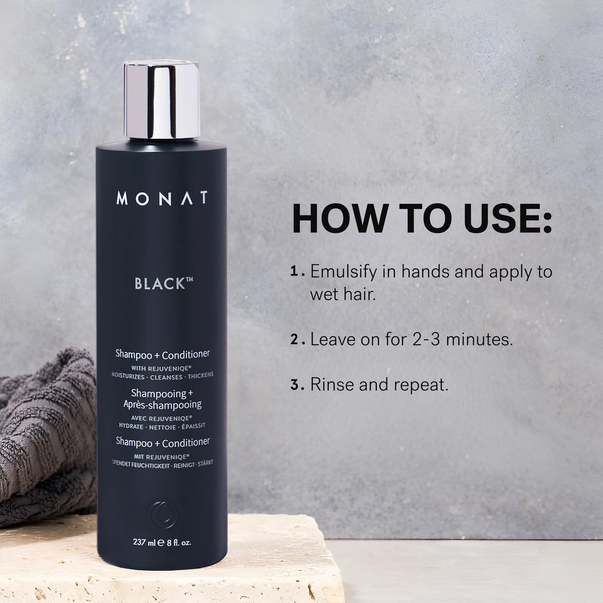 MONAT bottle on bathroom shelf in lifestyle setting suggesting streamlined routine