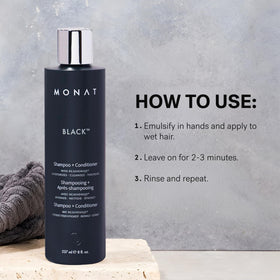 MONAT bottle on bathroom shelf in lifestyle setting suggesting streamlined routine