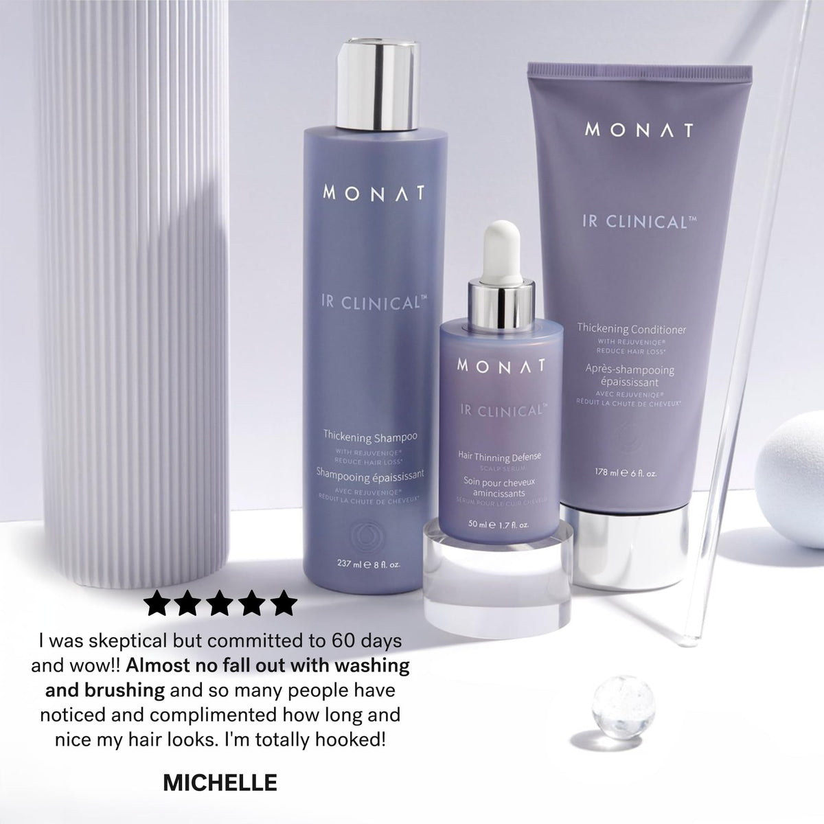MONAT IR Clinical on bathroom shelf in lifestyle scene for daily routine inspiration