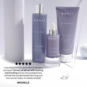 MONAT IR Clinical on bathroom shelf in lifestyle scene for daily routine inspiration