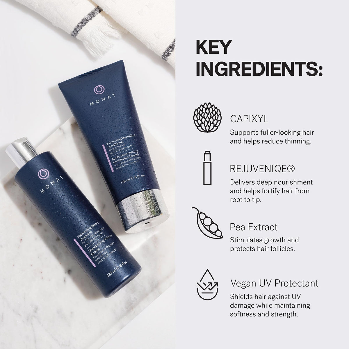 MONAT label and ingredients detail focusing on REJUVENIQE and clean formula benefit