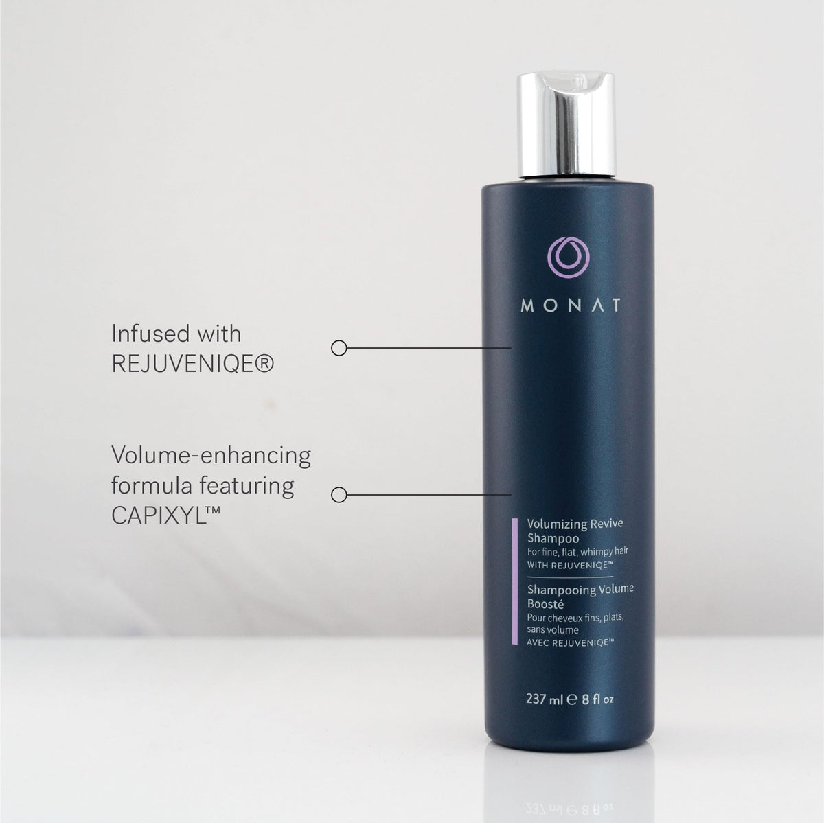 MONAT label close-up revealing REJUVENIQE and CAPIXYL benefits for healthier hair