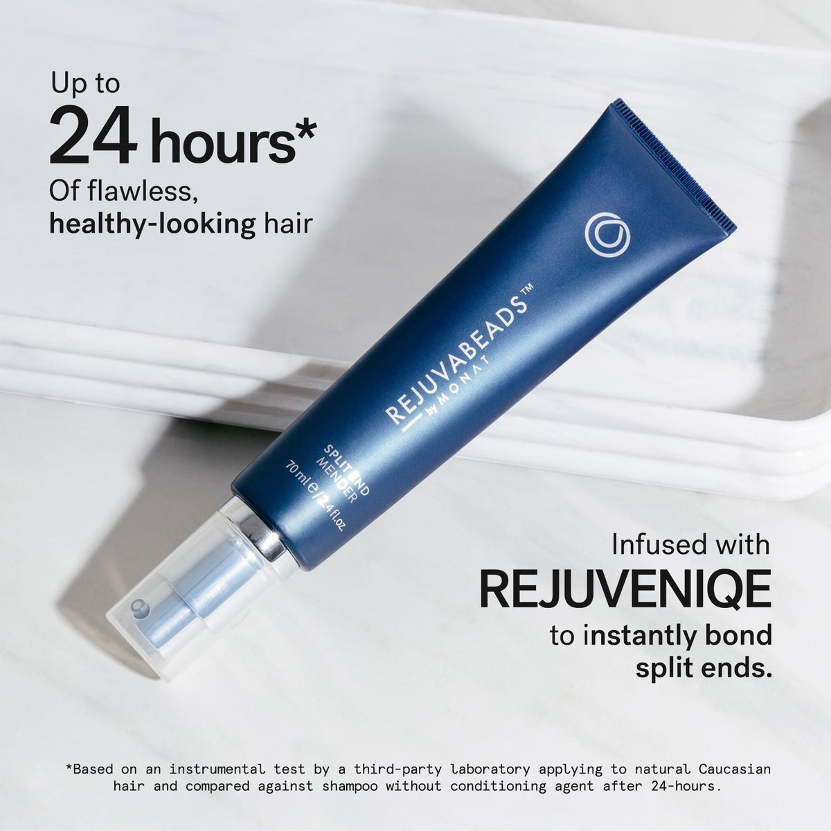 MONAT Rejuvabeads before and after hair ends showing visible smoothing benefit