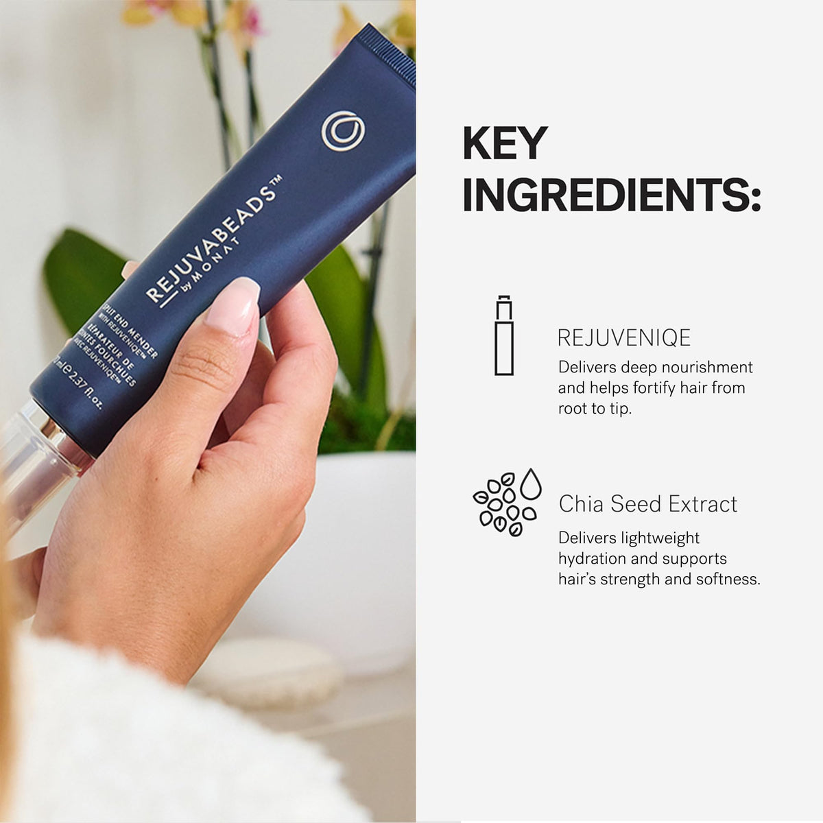 MONAT Rejuvabeads label and ingredient close-up showcasing vegan clean formula benefit