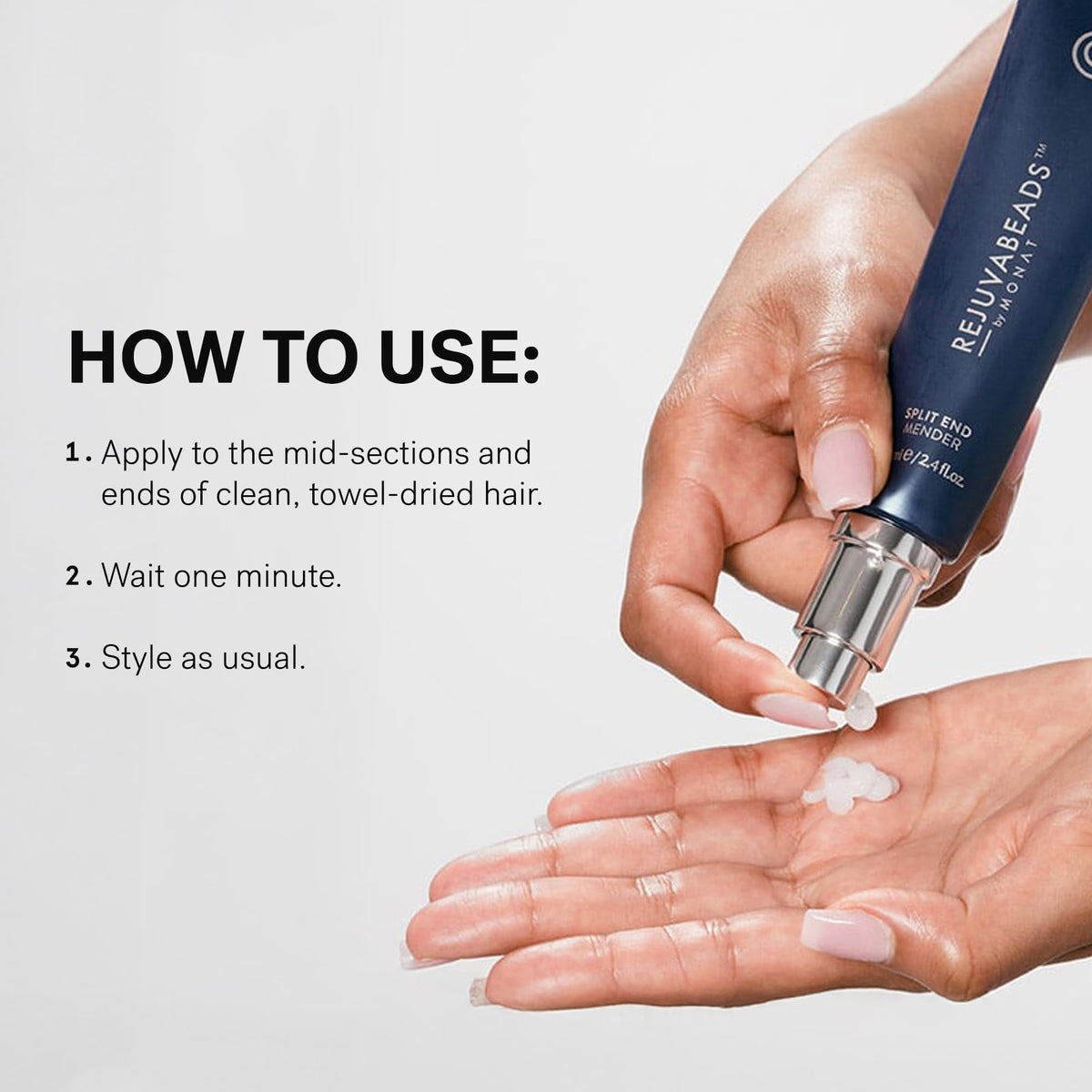 MONAT Rejuvabeads in a styling scene on finished hair illustrating polished look benefit