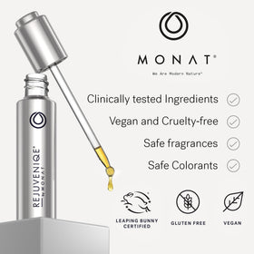 MONAT REJUVENIQE on a bathroom vanity styled for everyday beauty routine inspiration