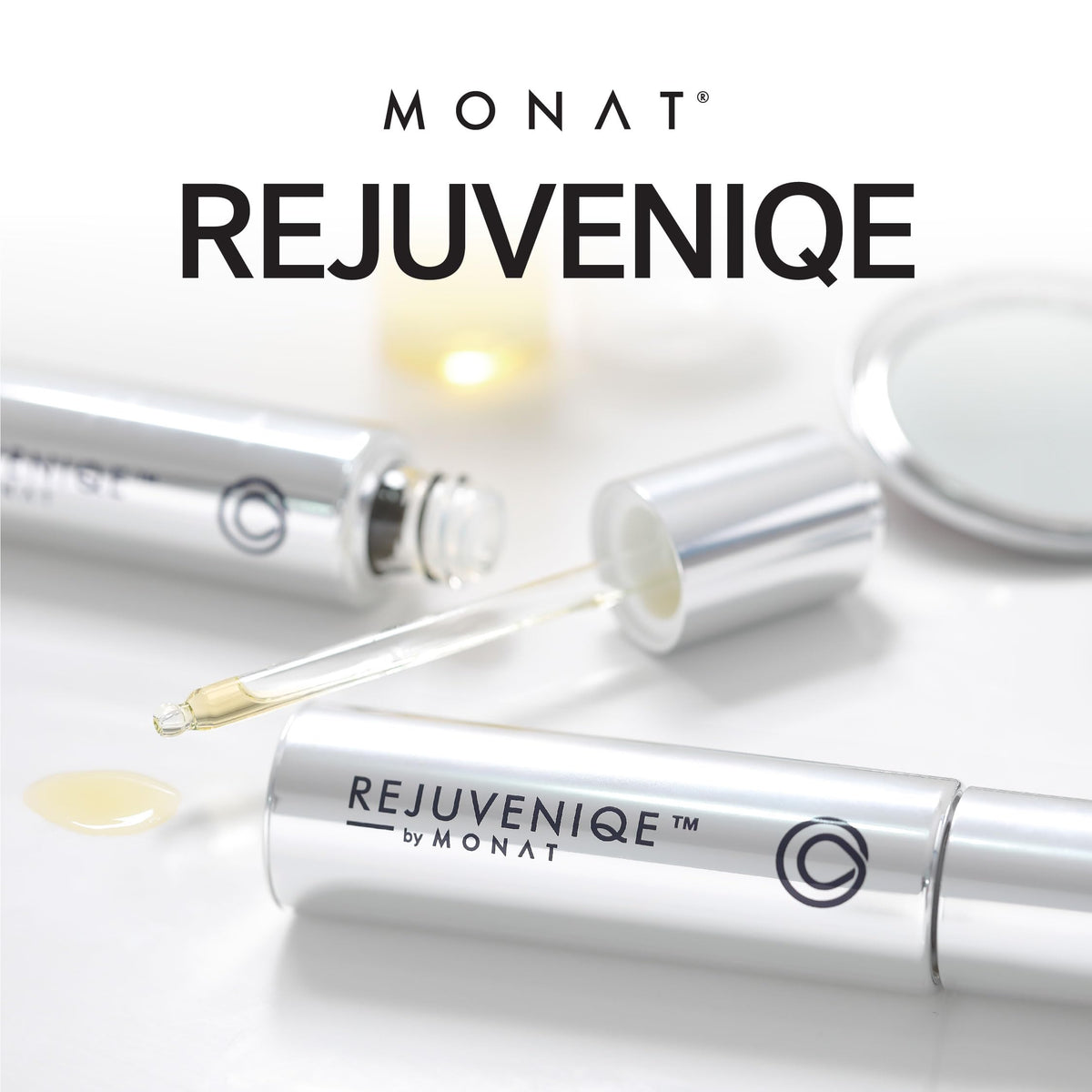 MONAT REJUVENIQE next to a ruler showing 30ml size for travel convenience