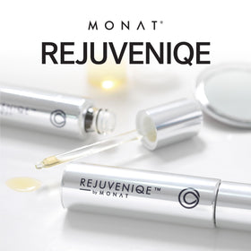 MONAT REJUVENIQE next to a ruler showing 30ml size for travel convenience