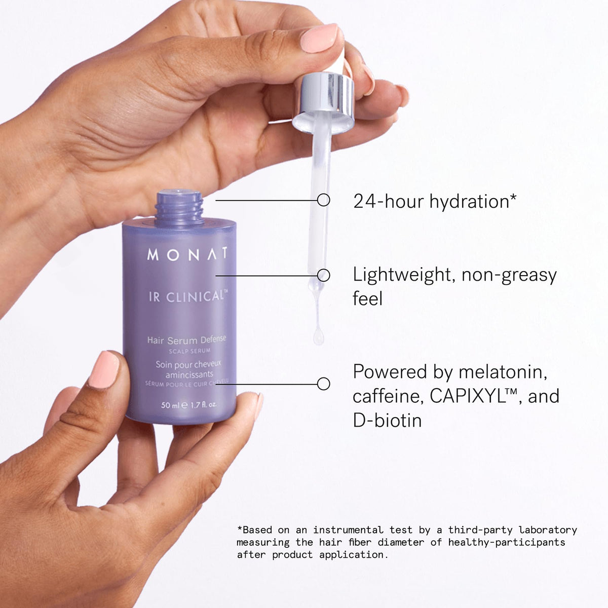 MONAT applying serum to scalp, targeted delivery to nourish follicles