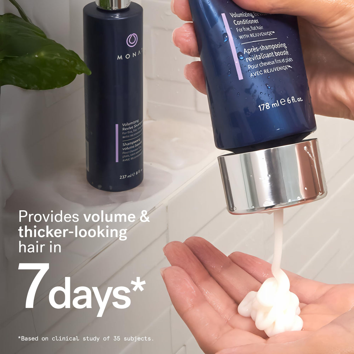 MONAT set in shower environment demonstrating daily-use convenience and volume