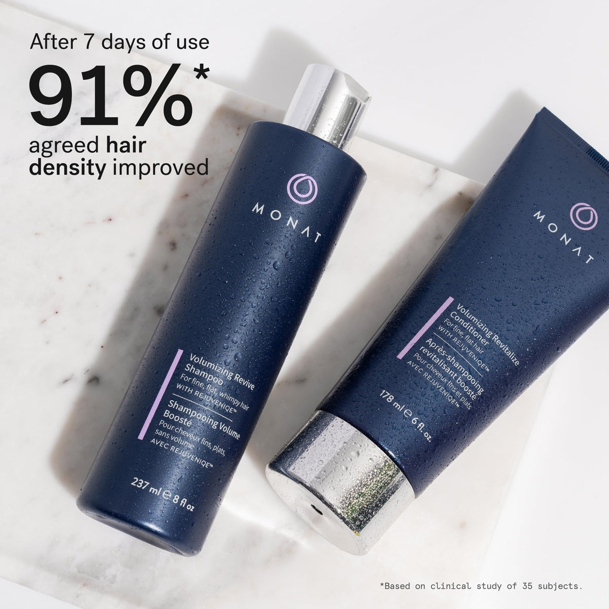 MONAT shampoo pump close-up highlighting easy dispensing and gentle cleanse